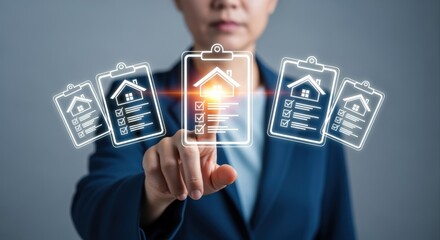 Naklejka premium Home Inspection Checklist Visualization: Person Interacting with Digital Interface for Property Assessment and Real Estate Services