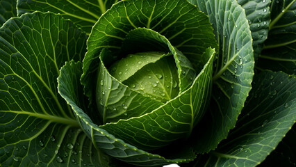 Fototapeta premium Fresh Green Cabbage Head With Water Droplets Close Up Freshness Concept