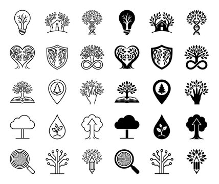 Set of minimalist tree hybrid icons combining nature with abstract symbols like a lightbulb DNA helix infinity sign heart and geometric shapes