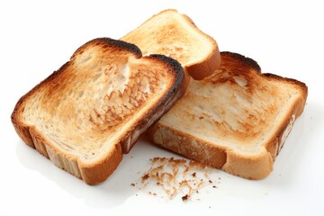 Three slices of white bread toast, some lightly browned and one burnt, on a white background