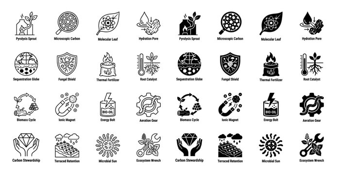 Hybrid biochar and soil regeneration icon set featuring pyrolysis sprouts microscopic carbon structures and molecular leaf designs in outline and solid styles