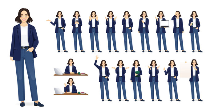 Big set of beautiful business young woman wearing casual clothes in different poses. Various gestures female character standing and sitting at the desk. Isolated vector illustration