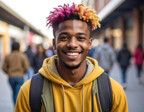 Smiling young man with colorful dreadlocks outdoors.