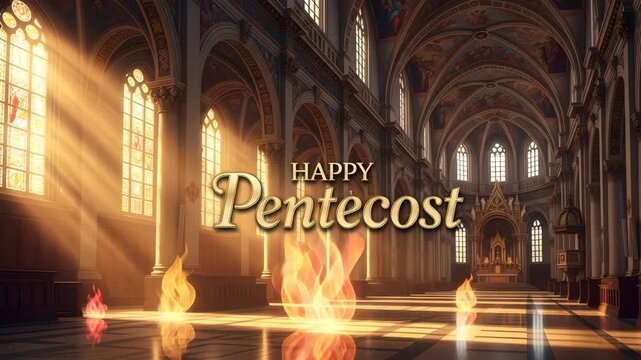 Church Interior with Stained Glass Windows and Pentecost Celebration Flames 4K HD high quality video.
