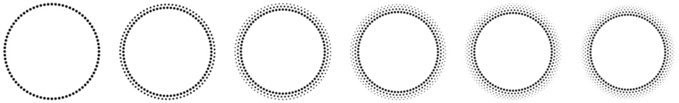 Dotted circular frame set with halftone dot pattern. Halftone dotted circular frame set with radial dot pattern rings. Halftone dotted circular frame with radial dot gradient ring. circle, vector