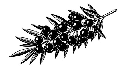 A detailed black and white illustration of a branch with dark round berries © arfanah02