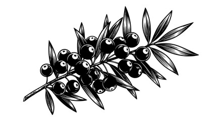 Black olive branch with glossy dark fruit and detailed elongated leaves © arfanah02
