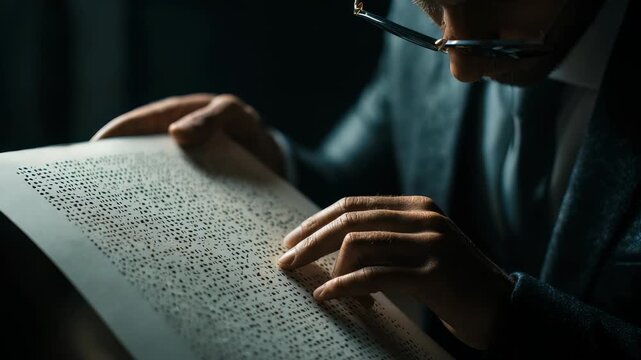 A person with glasses attentively reads a Braille page, using his fingers to interpret the raised dots. The image captures the essence of independence and empowerment for the visually impaired