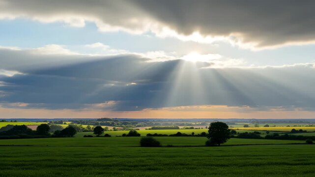 Vimy Ridge Day sunrise over peaceful countryside landscape with rays of light breaking through 4K HD high quality video.
