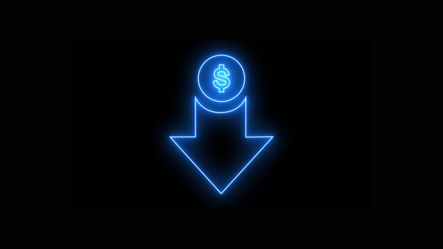 Colorful neon blue dollar sign icon with a pointing down arrow, symbolizing financial decrease, recession, and economic decline, glowing brightly isolated on black background.