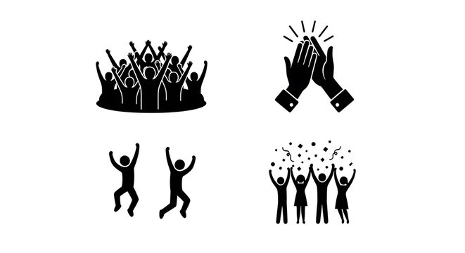 Black silhouettes depicting celebration with clapping hands, jumping figures, and a cheering crowd