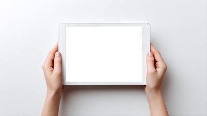 Obraz premium Woman Holding Digital Tablet with Blank White Screen for Mockup Over White Background