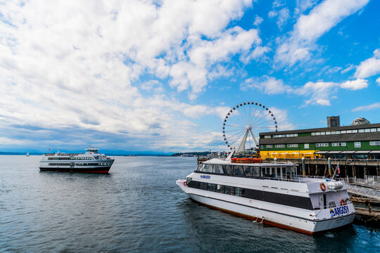 Seattle, Washington, USA - July 26, 2024: Inland cruise ship tour. Sea travel. Ship in port. Argosy cruises boat tour. Salish explorer passenger cruise ship ferry. Ship voyage. Cruise summer vacation