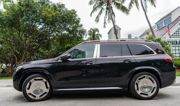 Miami, Florida, USA - July 13, 2025: Luxury SUV Mercedes Benz Maybach GLS. Car Mercedes Benz Maybach GLS parked outdoor. Black car, corner view. Mercedes Benz Maybach GLS luxury SUV car