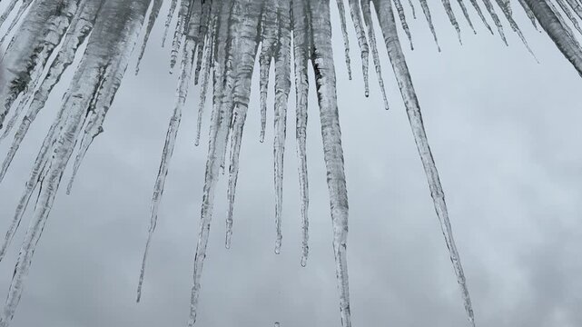 Low angle footage of sharp frozen icicles hanging from a roof gutter with water droplets melting and falling against a grey cloudy sky, indicating a winter thaw or early spring.