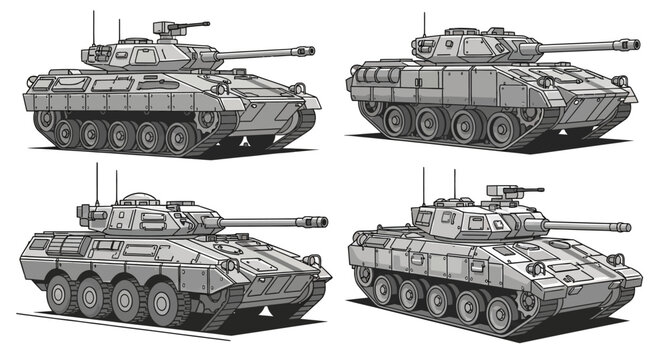 Detailed illustrations of four modern military armored vehicles, including tracked tanks and wheeled infantry fighting vehicles.