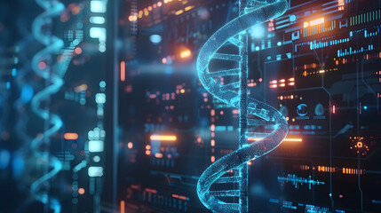 A glowing DNA strand overlaid with holographic AI interface inside a futuristic lab.