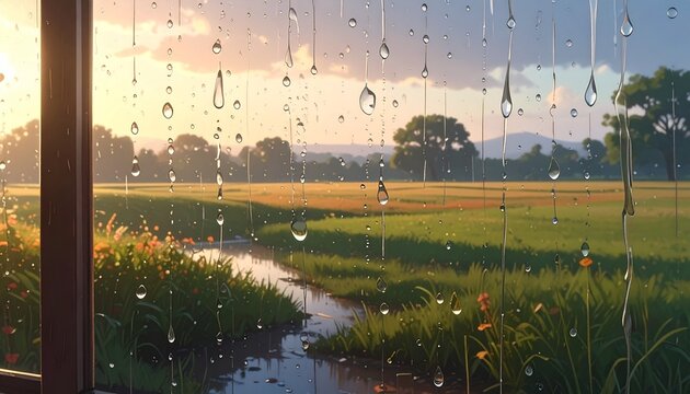 Rainy window view of serene golden farmland at sunrise with water droplets