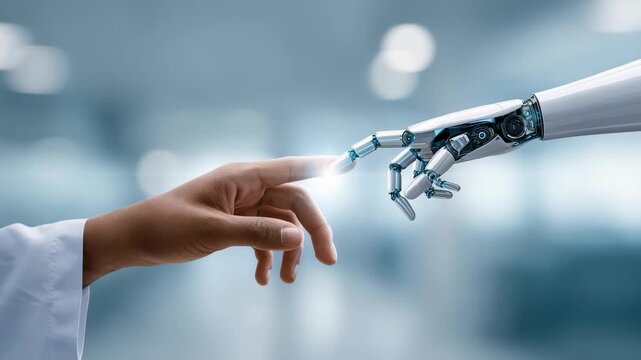 A close up of a human hand and a robotic hand almost touching, representing the merging of human intelligence with advanced robotics. The image highlights progress in AI and digital transformation