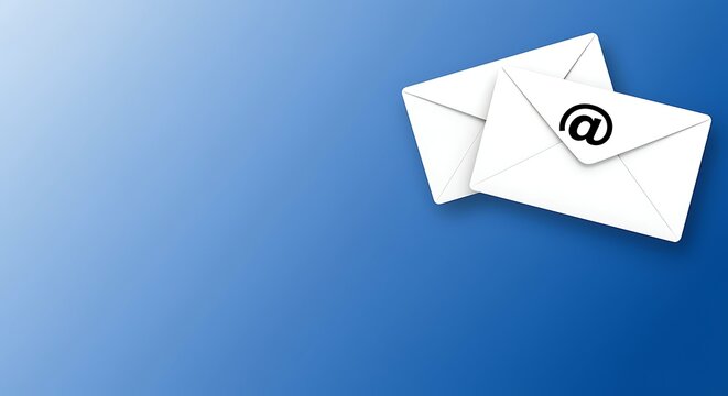 Two white envelopes with at symbol on top envelope against blue background with gradient effect from light to dark  mail and communication concept