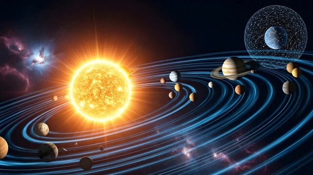 Solar system planets orbiting bright sun with cosmic background and celestial bodies in space 4K HD high quality video.
