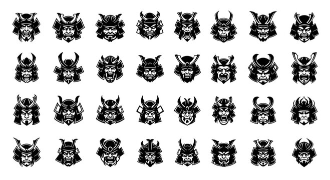 Samurai Head Mascot Logo - 24 Professional Vector Icons for Japanese Gaming and Branding