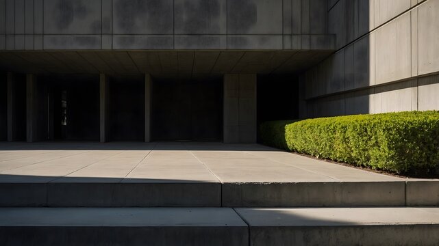 Fachada moderna de hormig&oacute;n con escaleras y seto verde en arquitectura minimalista