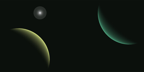 Two planets are partially illuminated with a crescent of light against the vast darkness of space, one glowing yellow-green and the other teal. © Rizki