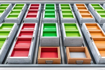 Obraz premium Colorful metal drawer organizers in a tidy storage system with bright green, red, and orange compartments