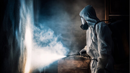 Worker in a PPE suit and respirator performing professional sanitation, spraying disinfectant to eliminate pathogens and hazardous materials