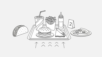 Black and white line art illustration of fast food items on a tray