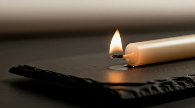 Candle, flame and light illuminating a dark surface for remembrance, mourning and loss with burning candle symbolizing hope during difficult times. Grief, sorrow and bereavement with quiet