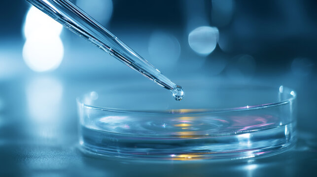 Pipette dropping a liquid sample into a glass petri dish. Concept of medical innovation, science experiment, and pharmaceutical development