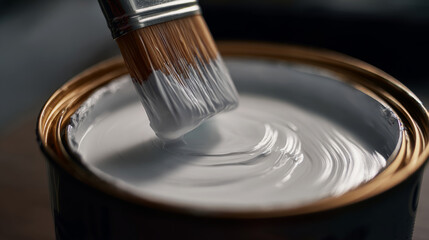 Obraz premium Paintbrush dipping into a can of white paint, creating a smooth swirl. Perfect for DIY, home improvement, and artistry concepts