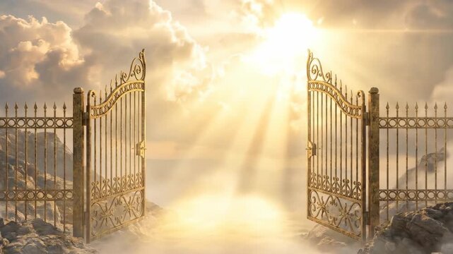 Religious scene showing beautiful golden gates opening to heaven with extremely bright radiant warm sunlight shining through the thick white clouds representing eternal life and divine spiri