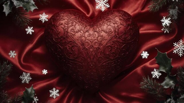 Red heart-shaped ornament on crimson satin fabric with holly leaves and snowflakes, symbolizing love during winter holidays