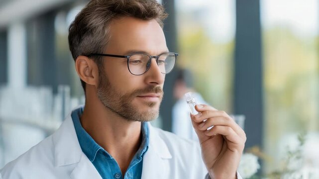 A laboratory researcher evaluates the aroma of a sample, demonstrating scientific analysis and sensory testing. The scene captures innovation, expertise, and modern laboratory technology in action