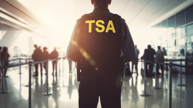 TSA officer wearing a black vest displaying the TSA logo, overseeing the security checkpoint with travelers in background