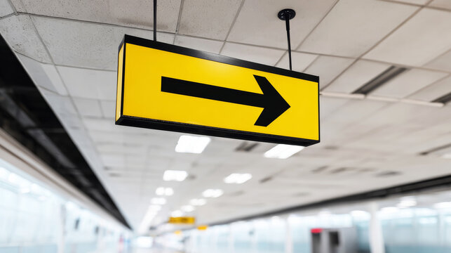 Yellow directional arrow sign hanging from ceiling in modern airport terminal guiding travelers to destination