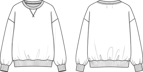 Oversized crew neck sweatshirt technical sketch front and back view, white fleece pullover mockup, cad drawing flat vector illustration, apparel template. © Liza