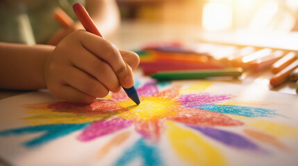 Naklejka premium Child's hand drawing bright colorful flower with crayons on paper, exploring creativity and learning art