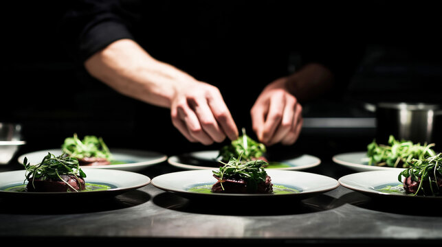 Chef plating gourmet dinner dishes in a professional kitchen, hands arranging fresh greens on multiple plates