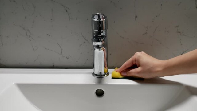 Woman scrubbing sink with sponge in bathroom, cleaning routine.