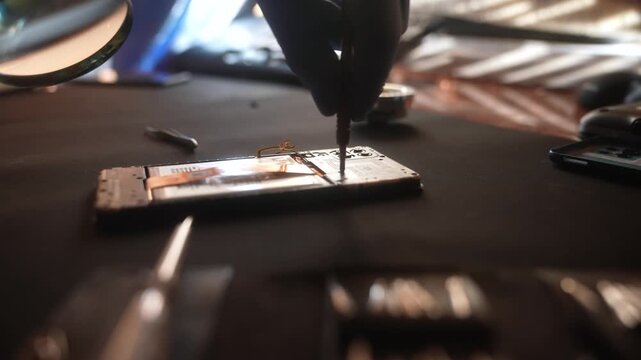 Close up of a technician using tools and magnifying glass to repair a smartphone circuit board. Detailed work on electronic components, highlighting technical skills and gadget repair.