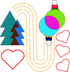 A set of red heart shaped Christmas tree icons and holiday patterns featuring love symbols for a business card design illustration