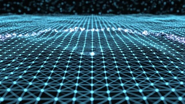 A futuristic grid stretches into the distance, illuminated by a network of glowing blue lines and nodes from a low-angle perspective.