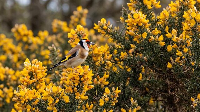 European Goldfinch (Carduelis carduelis) Chirping among Blooming Yellow Gorse Flowers