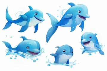 Fototapeta premium Blue cartoon dolphins swimming and splashing on a white background