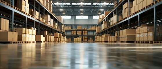 Naklejka na ściany i meble Large modern warehouse interior with shelves full of cardboard boxes. Logistics storage, distribution center, inventory management and industrial supply chain environment.