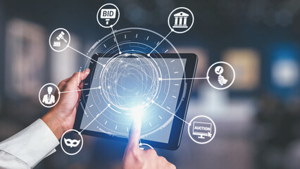 Naklejka premium Online auction platforms offer digital bidding, online auction participation, and auction-based transactions to enhance digital commerce and online auction winning opportunities. Spire